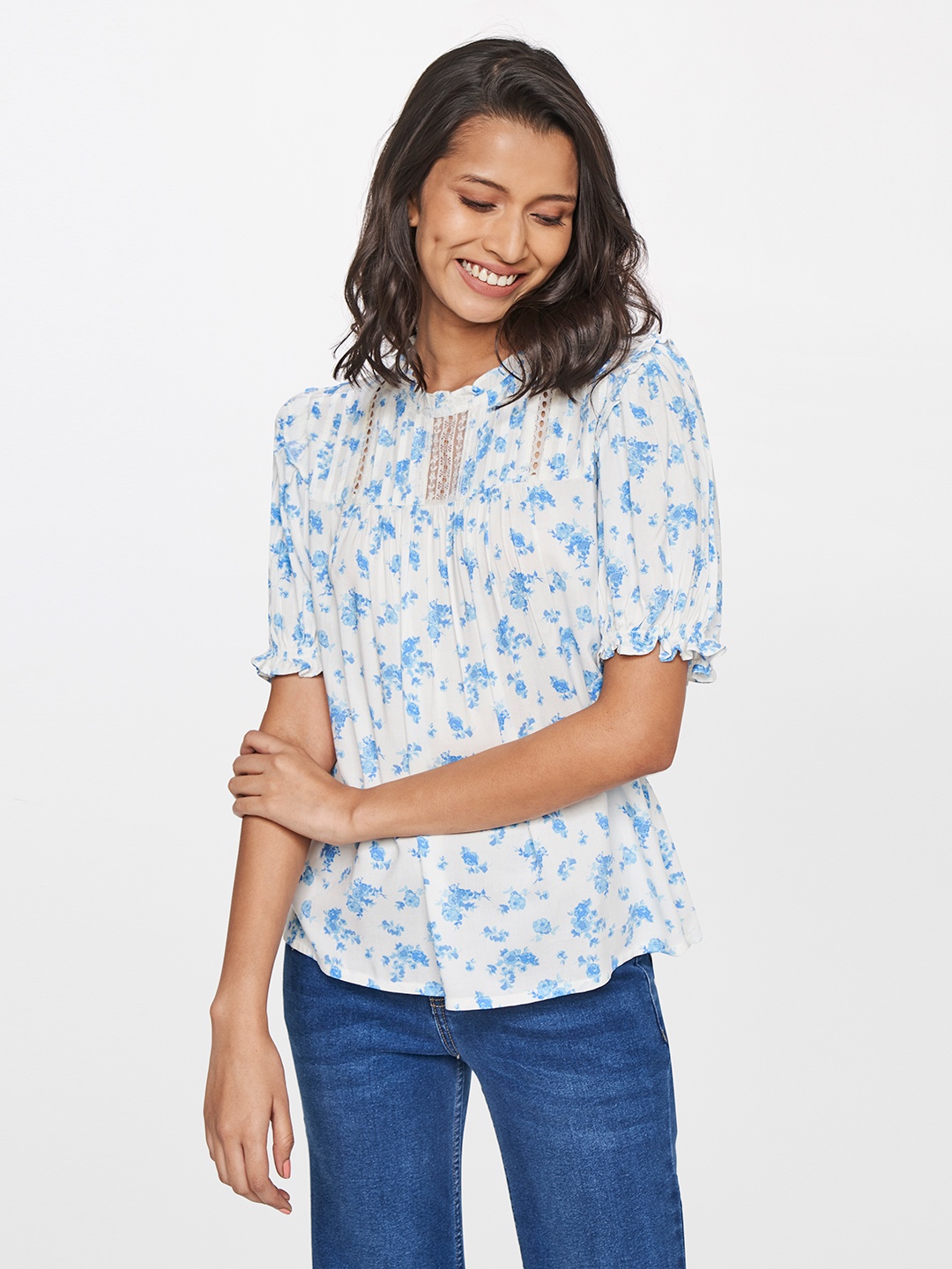 

AND Floral Print Puff Sleeve Top, White