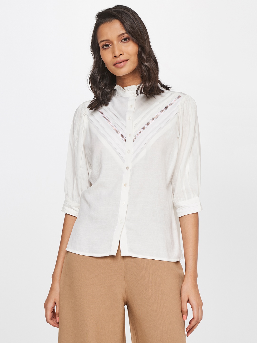

AND Mandarin Collar Lace Detail Shirt Style Top, White