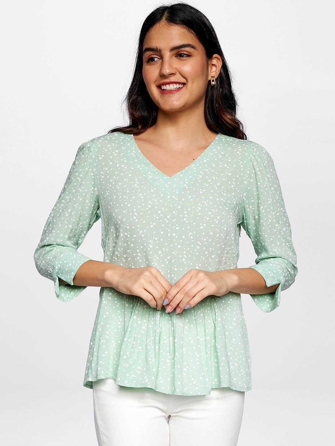 

AND Women Green Printed Peplum Top