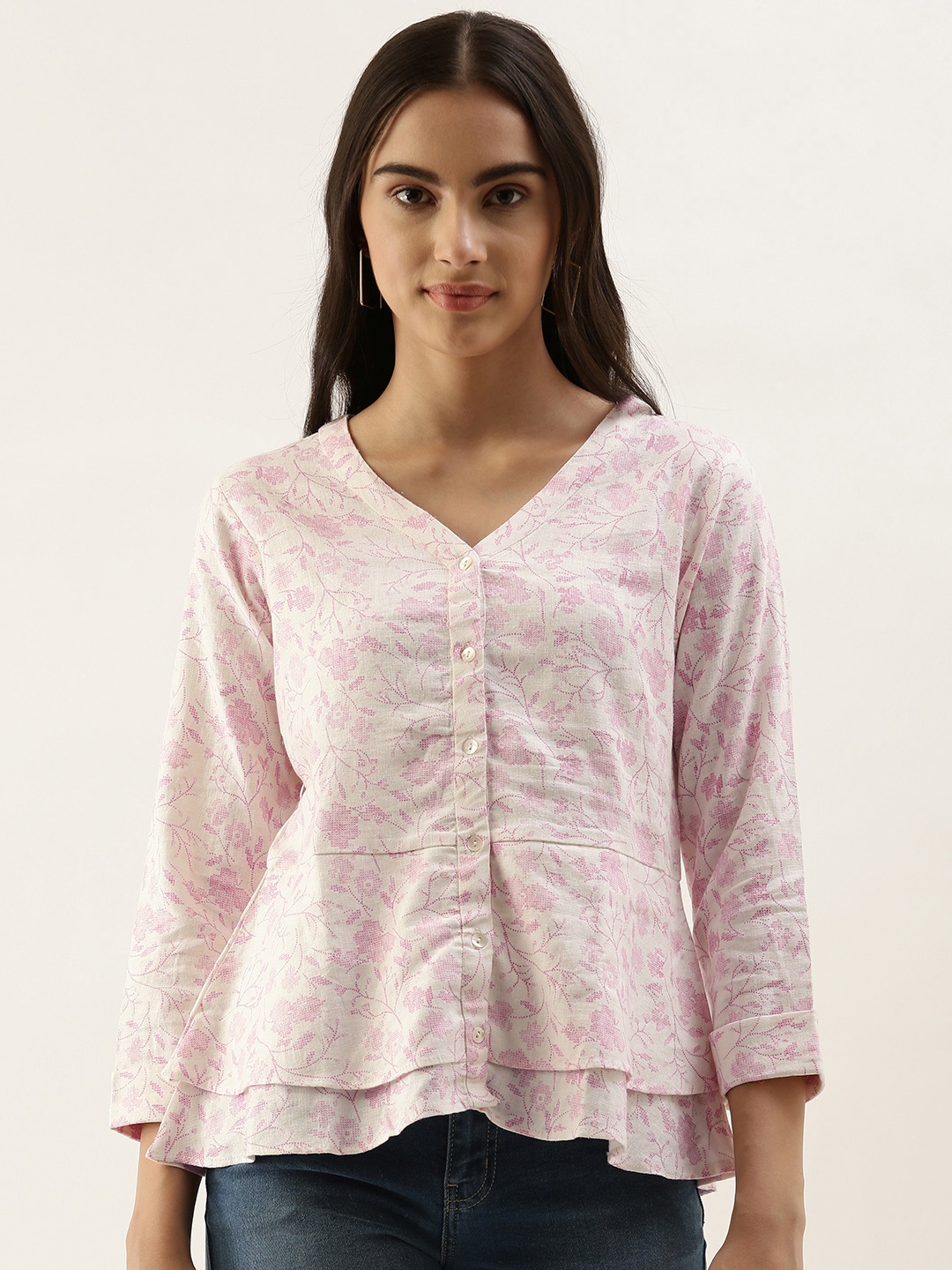 

AND White & Pink Floral Print Layered Linen Blend Shirt Style Top