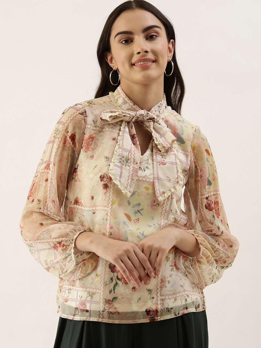 

AND Pink Floral Print Tie-Up Neck Puff Sleeve Top