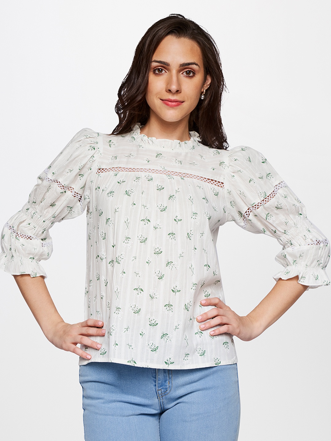 

AND Floral Print Pure Cotton Top, White
