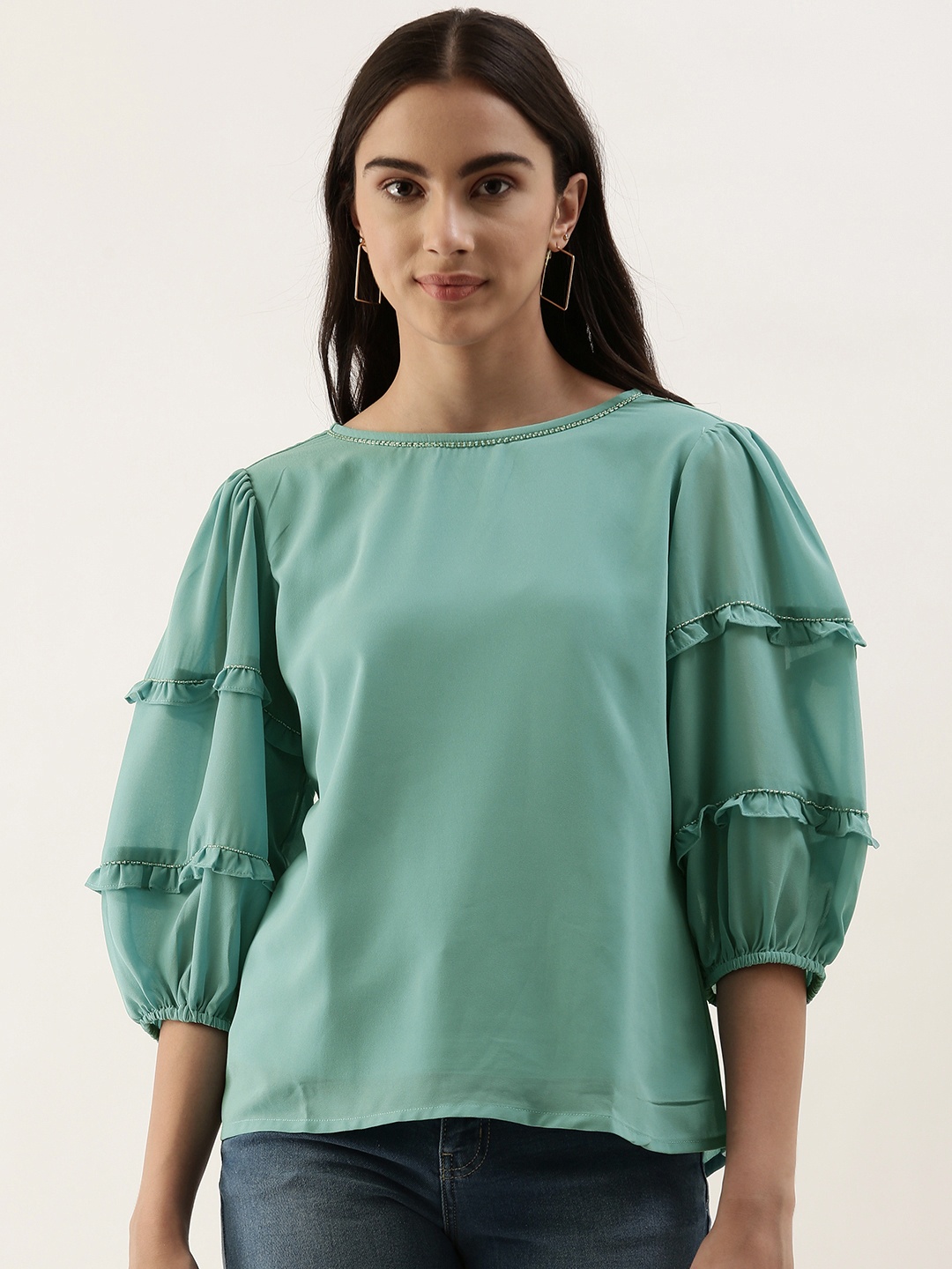 

AND Sea Green Solid Tiered Detailed Sleeve Top