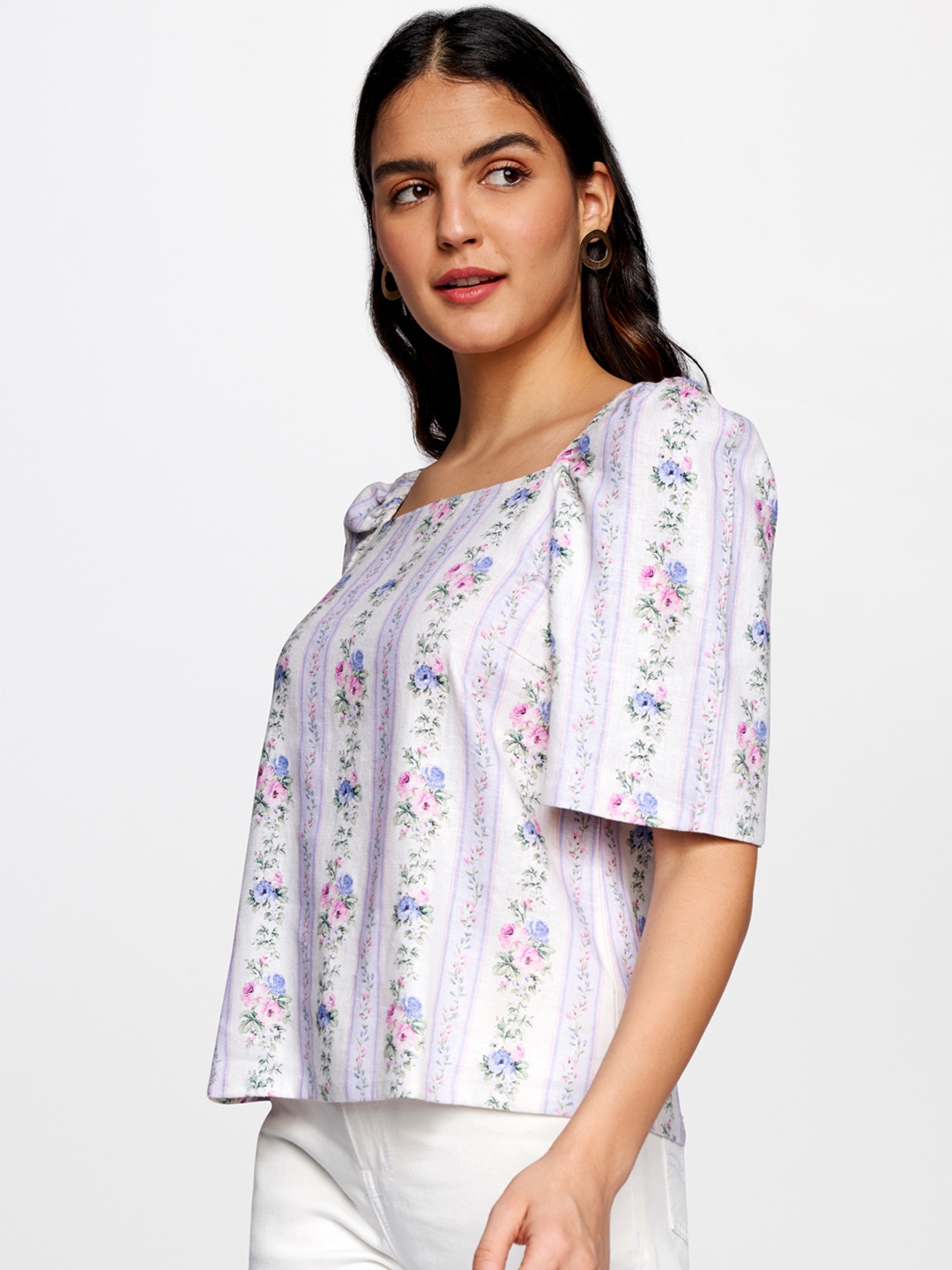 

AND Women White Floral Print Linen A-Line Top