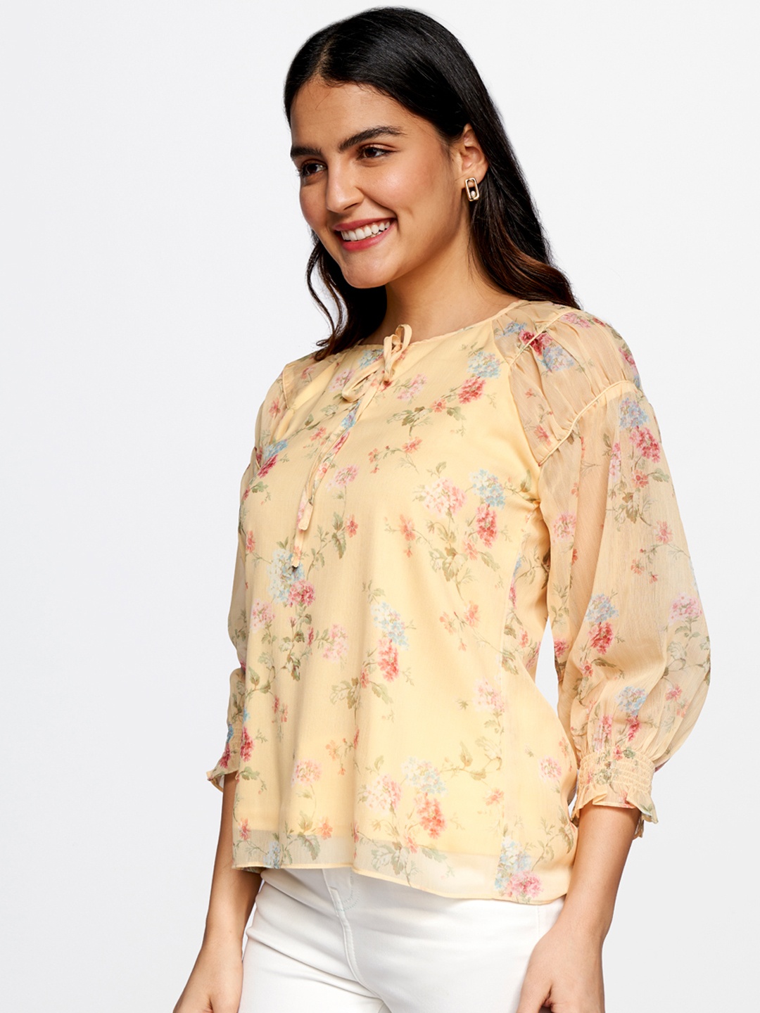 

AND Women Yellow Floral Print Tie-Up Neck A-Line Top