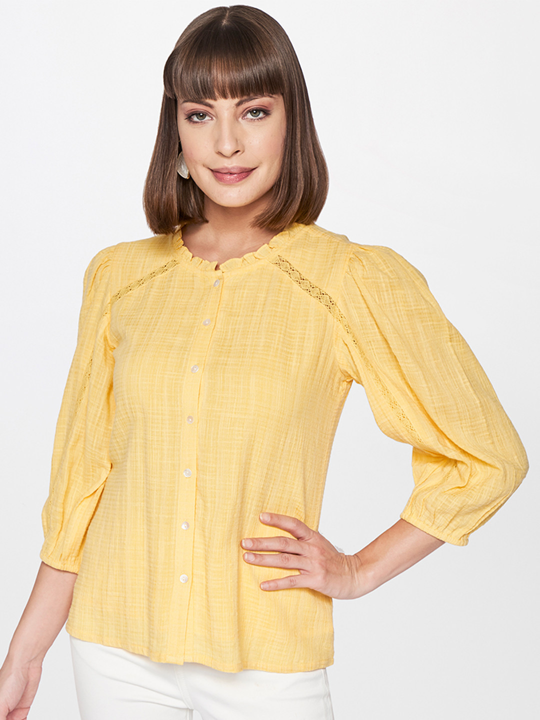 

AND Yellow Self Design Puff Sleeves Regular Top