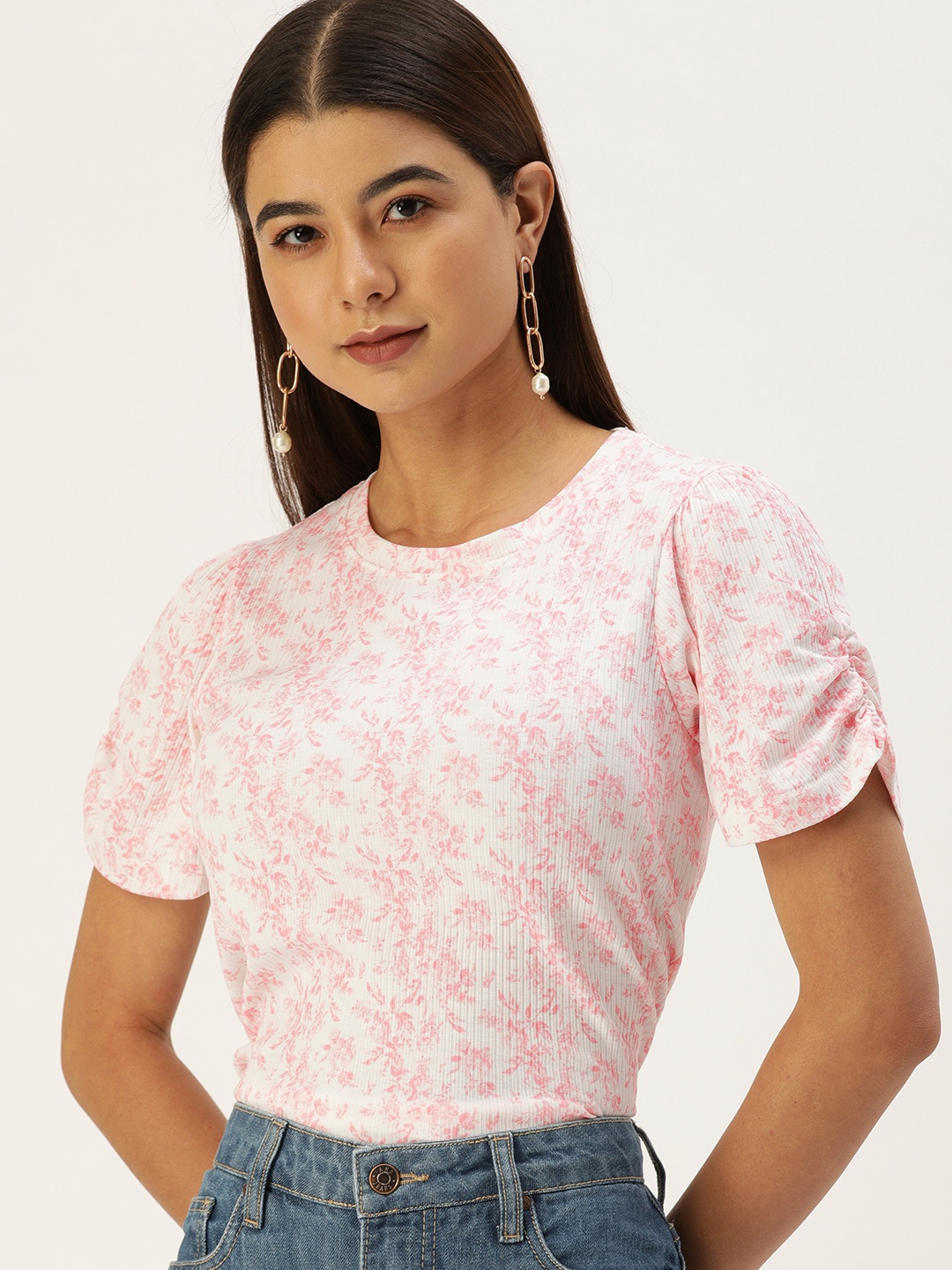 

AND Pink Tropical Printed Round-Neck Regular Top