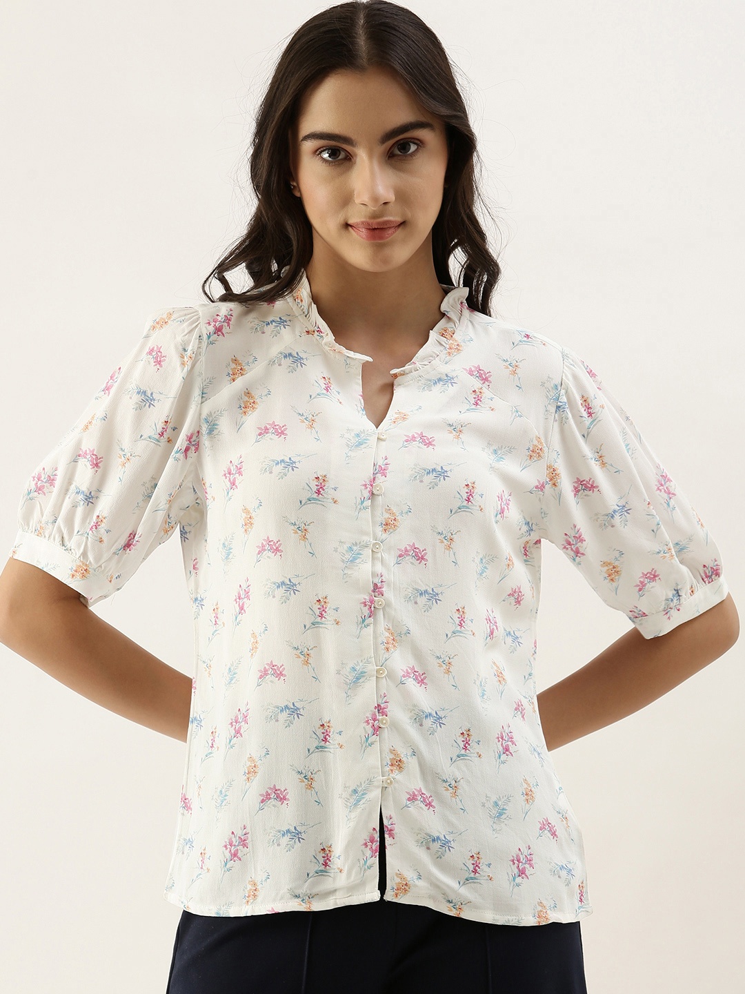 

AND White & Pink Floral Print Mandarin Collar Shirt Style Top
