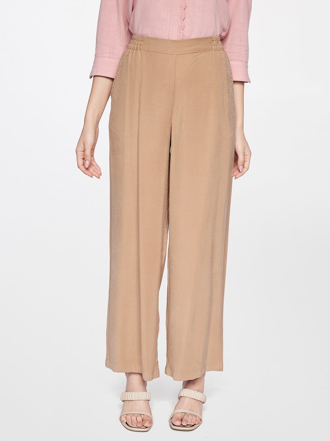 

AND Women Khaki Straight Fit Easy Wash Pleated Trousers