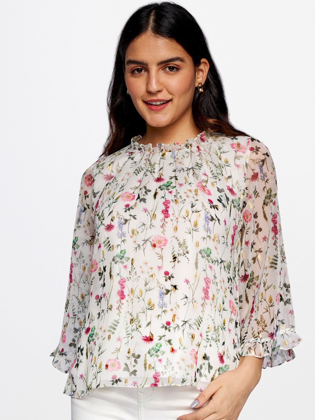 

AND Floral Print Mandarin Collar Flared Sleeve Top, White