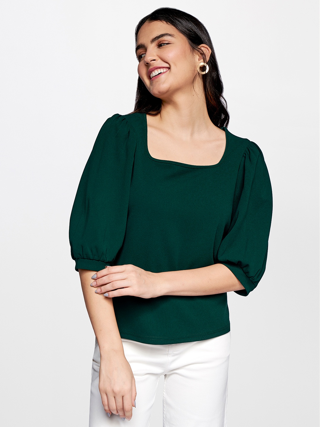 

AND Solid Puff Sleeve Top, Green