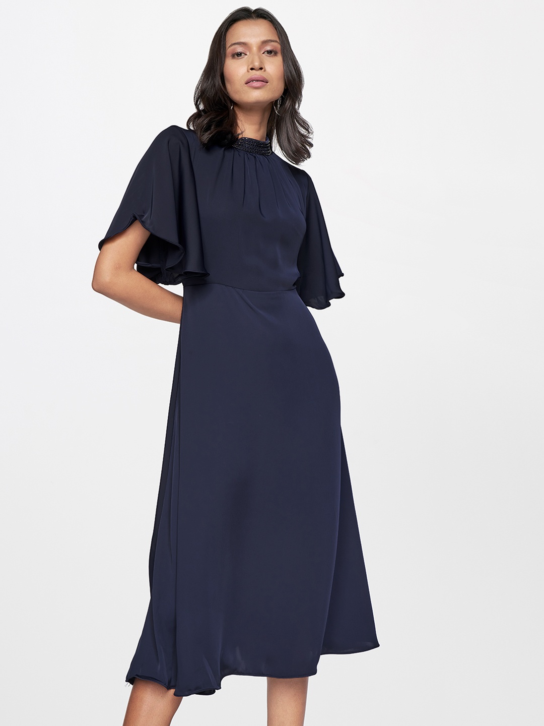 

AND Flutter Sleeve Fit & Flare Midi Dress, Navy blue