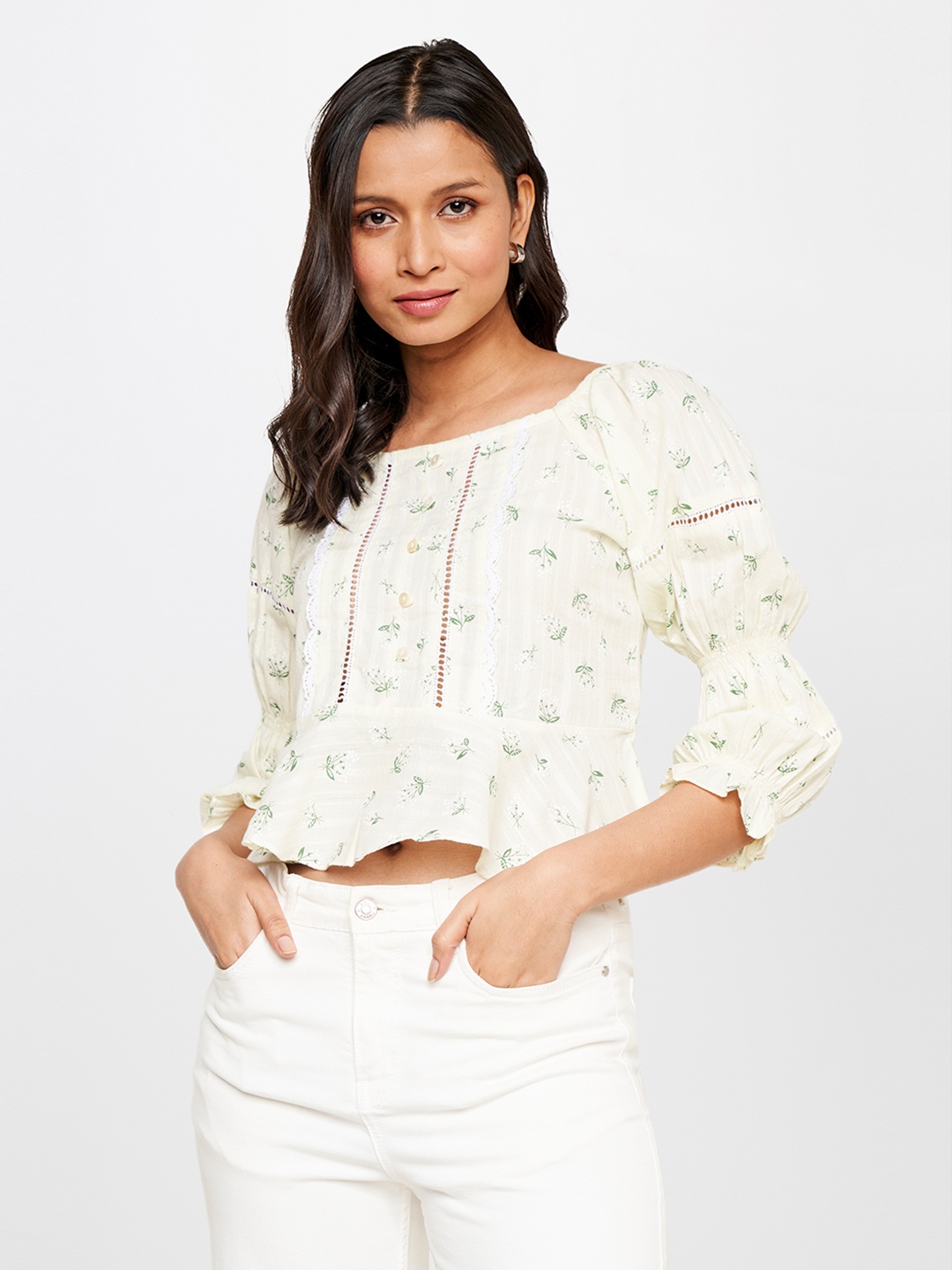 

AND Floral Print Pure Cotton Cinched Waist Top, Yellow