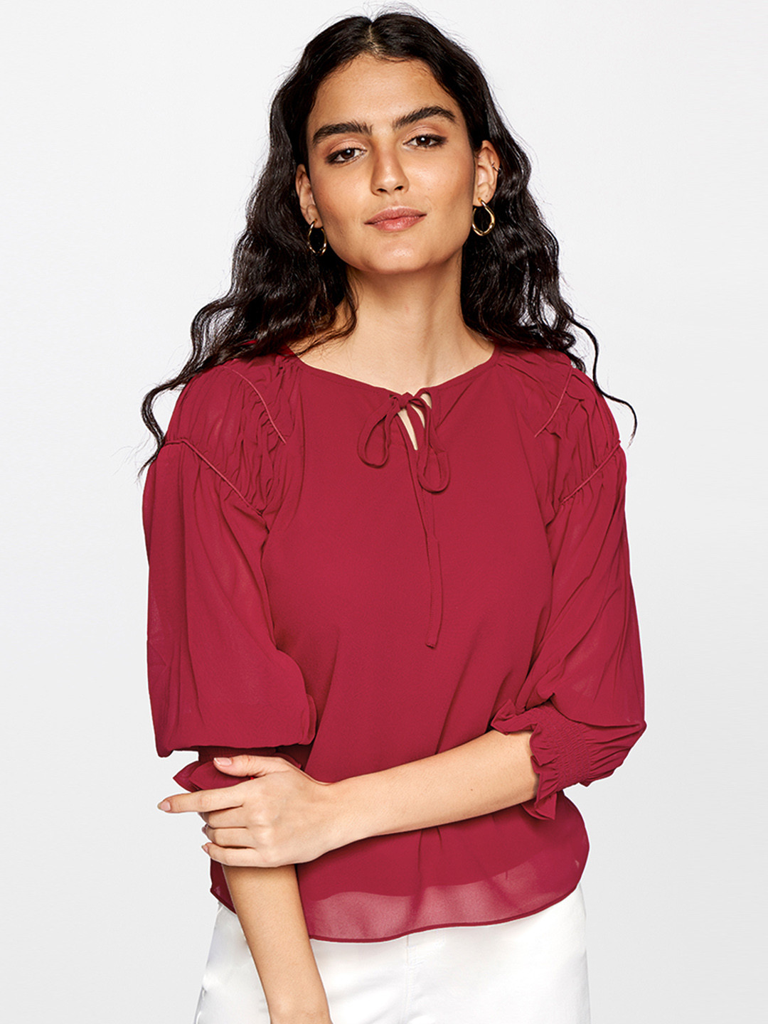 

AND Maroon Tie-Up Neck Puff Sleeve Top
