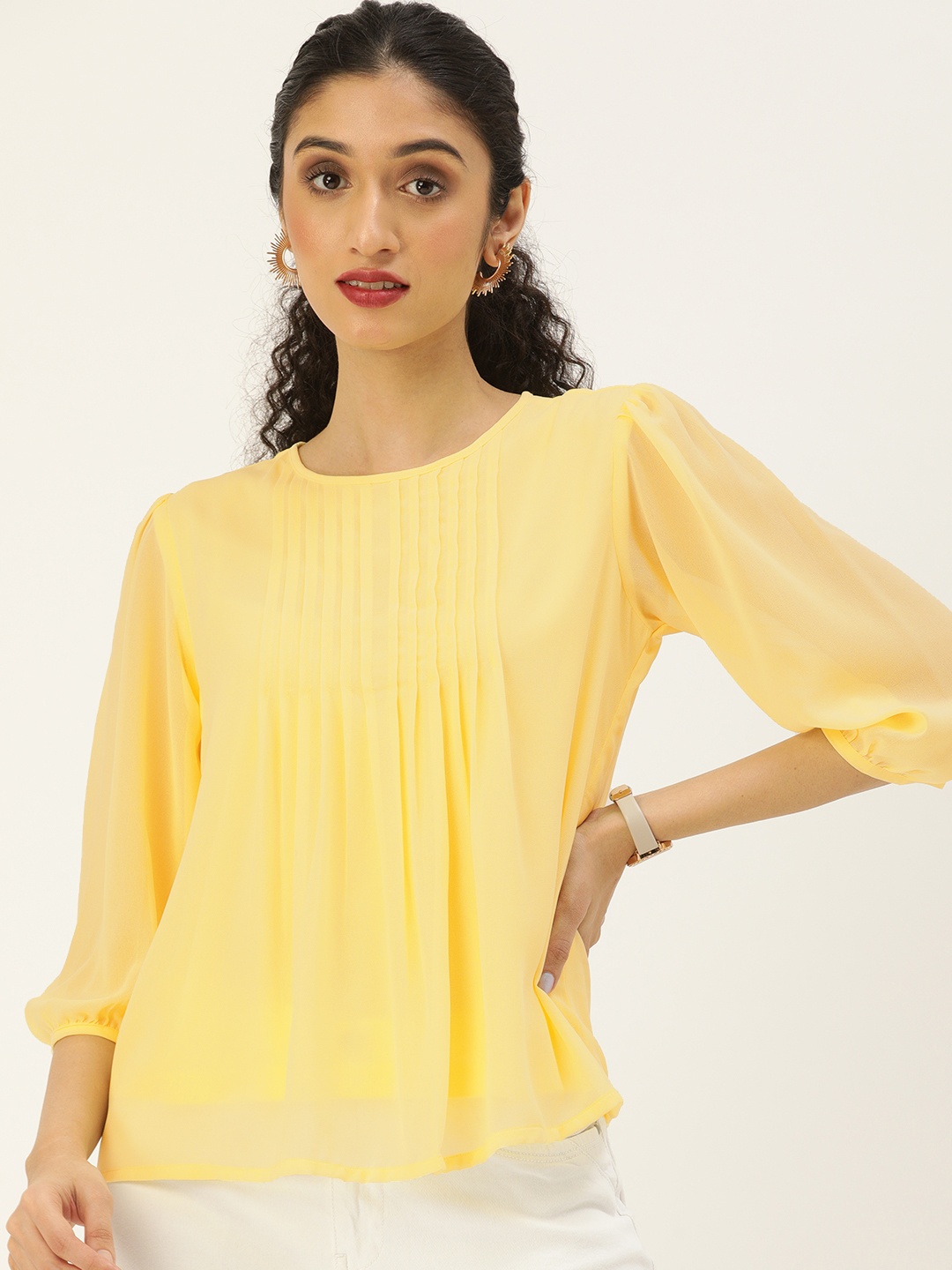 

AND Women Yellow Solid Gathered Pleated Round Neck Top