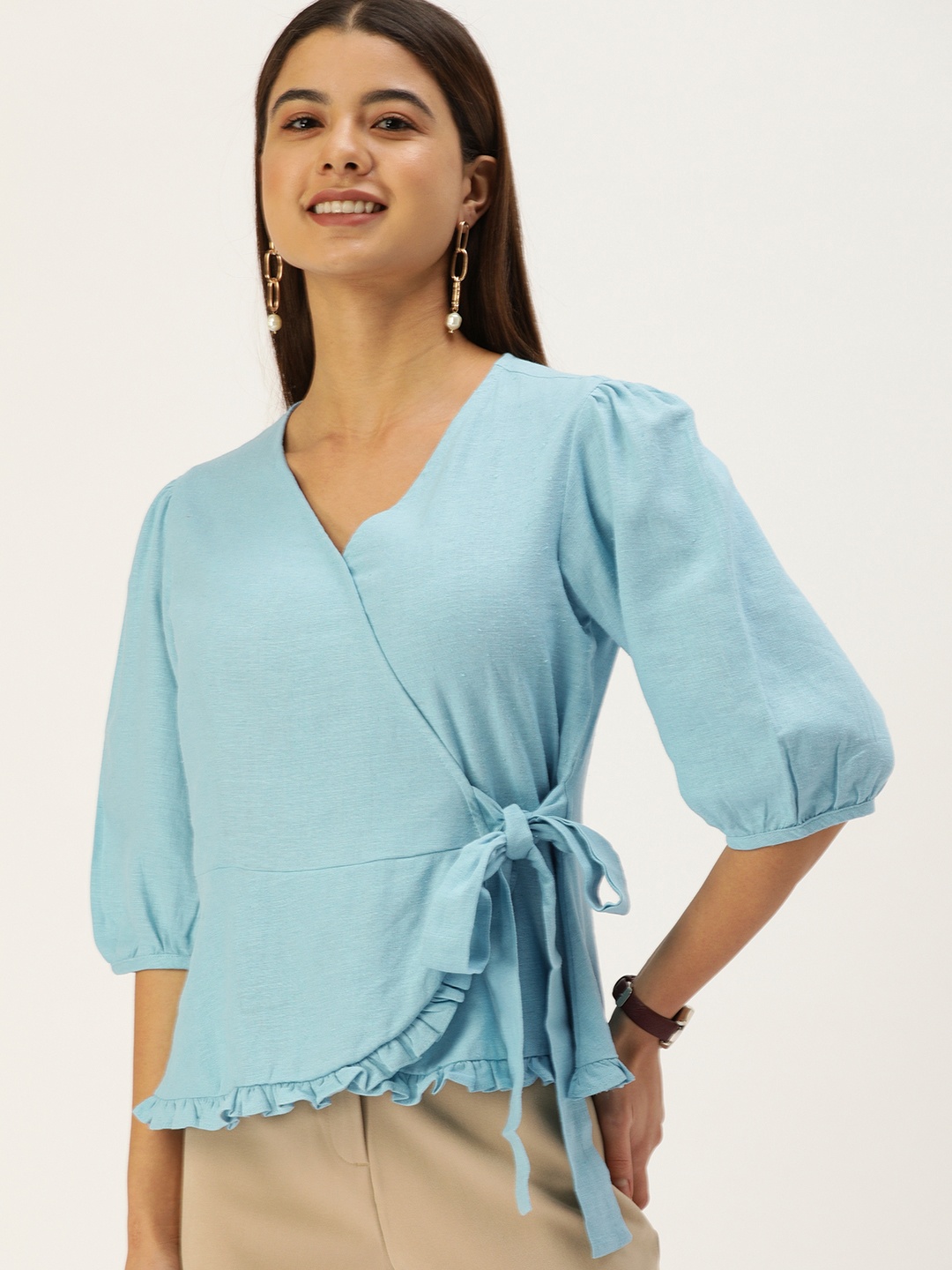 

AND Blue Bishop Sleeves Ruffles Linen Wrap Top