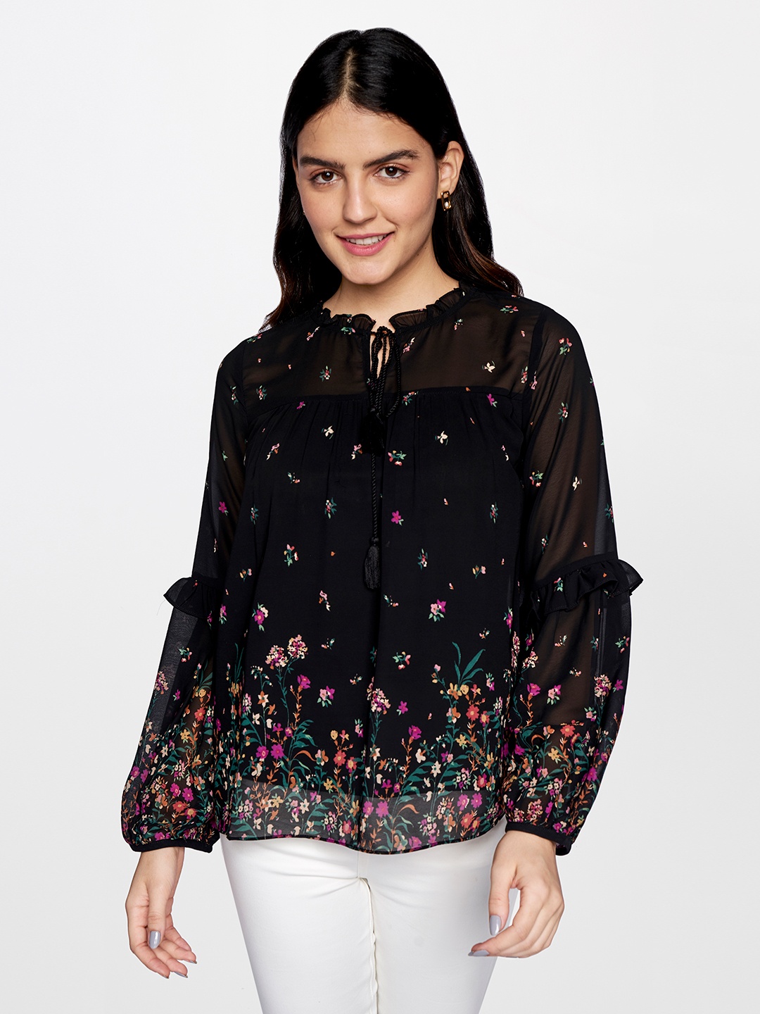 

AND Floral Print Tie-Up Neck Top, Black
