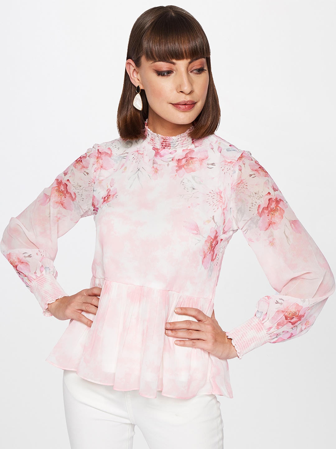 

AND White & Pink Floral Printed High Neck Peplum Top