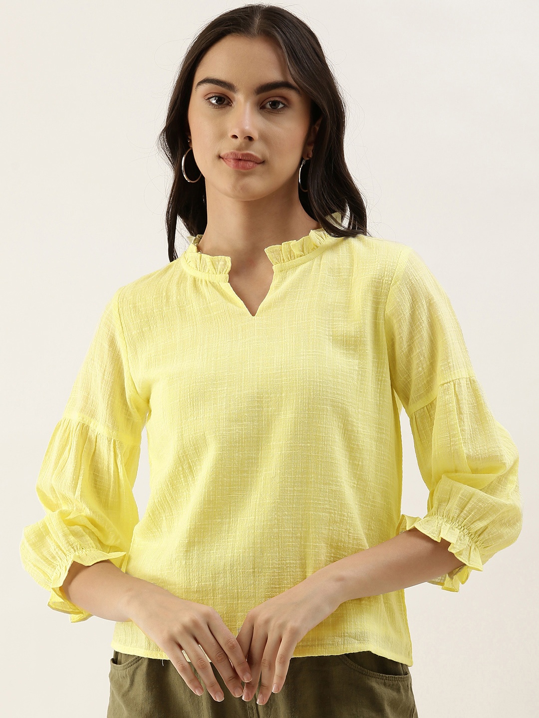 

AND Yellow Slub Effect Mandarin Collar Top