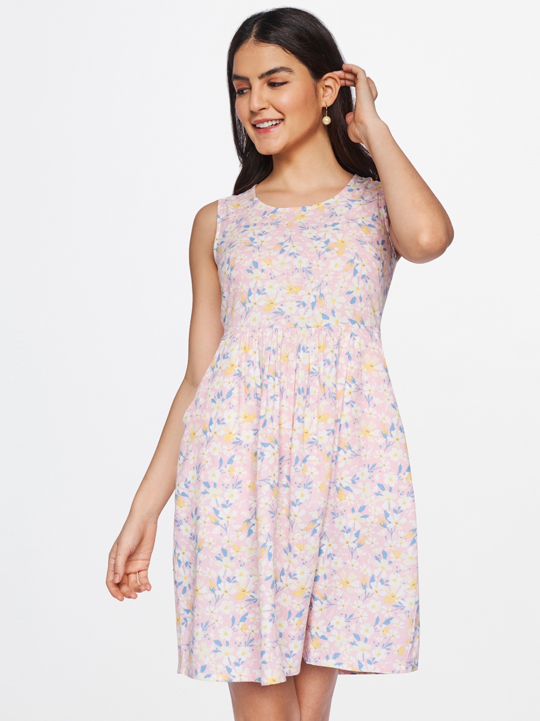 

AND Pink & Blue Floral Printed A-Line Dress