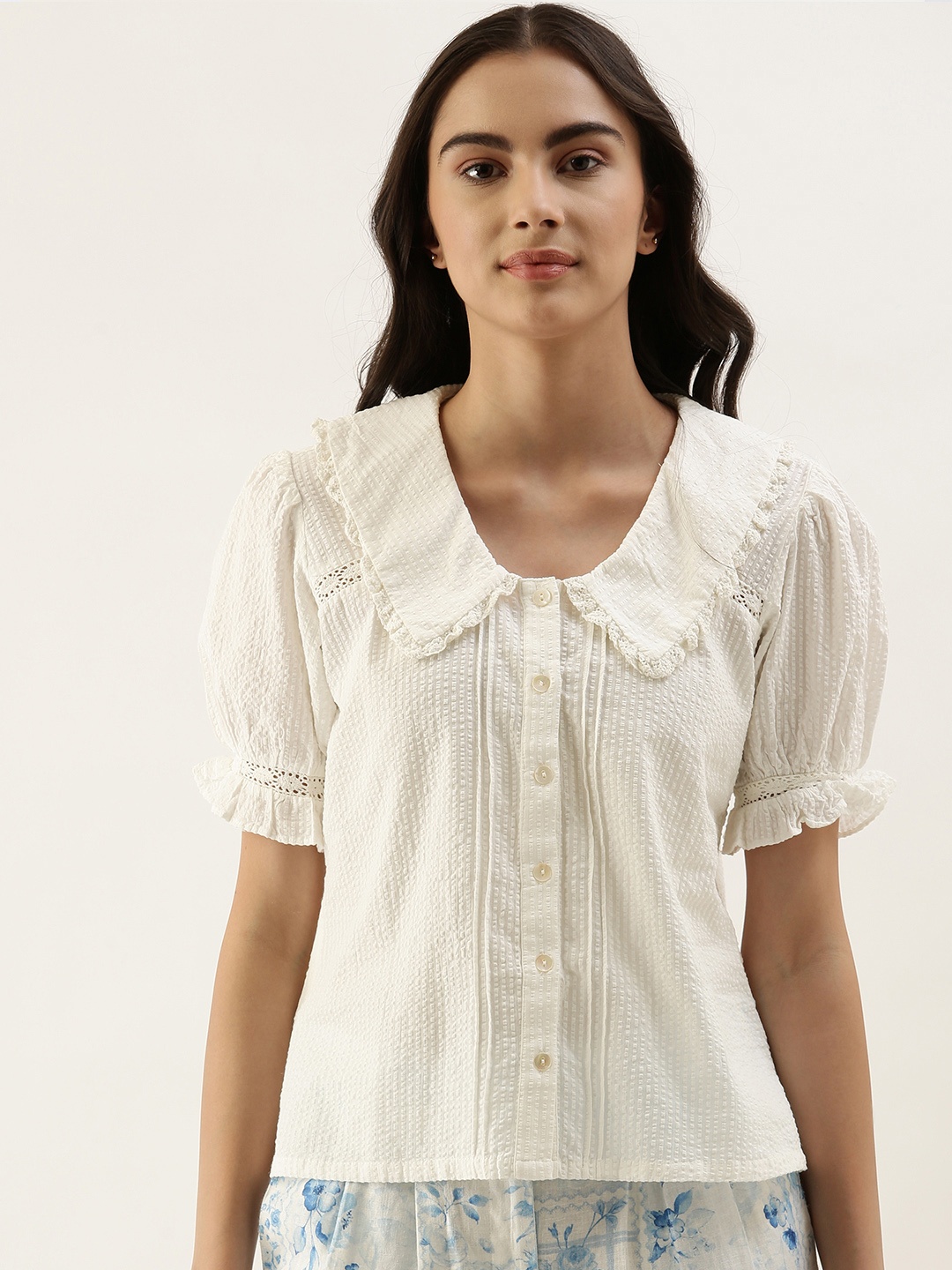 

AND White Self Design Puff Sleeve Peter Pan Collar Top