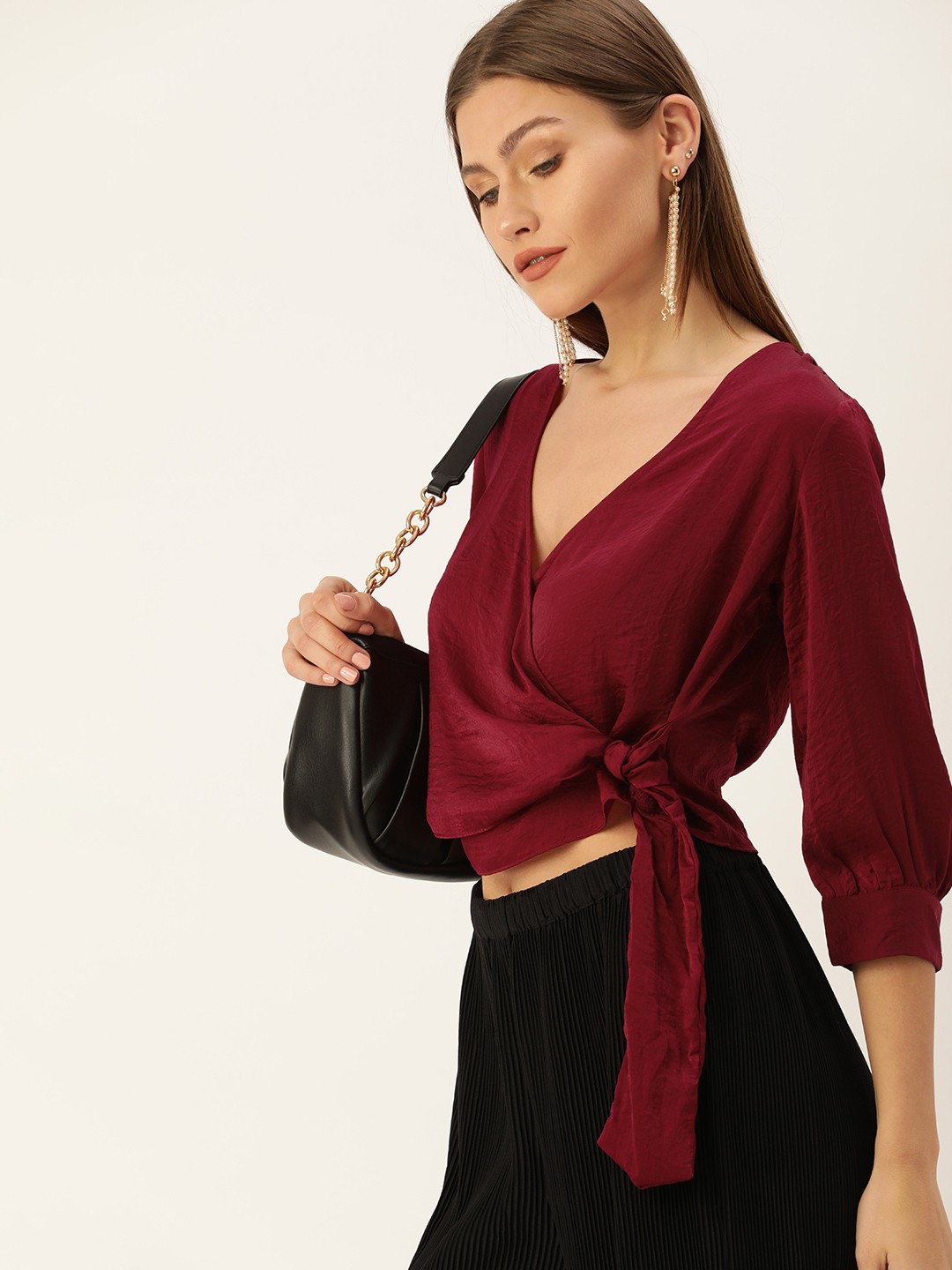 

AND Burgundy Solid V-Neck Cuffed Sleeves Tie-Ups Polyester Wrap Crop Top