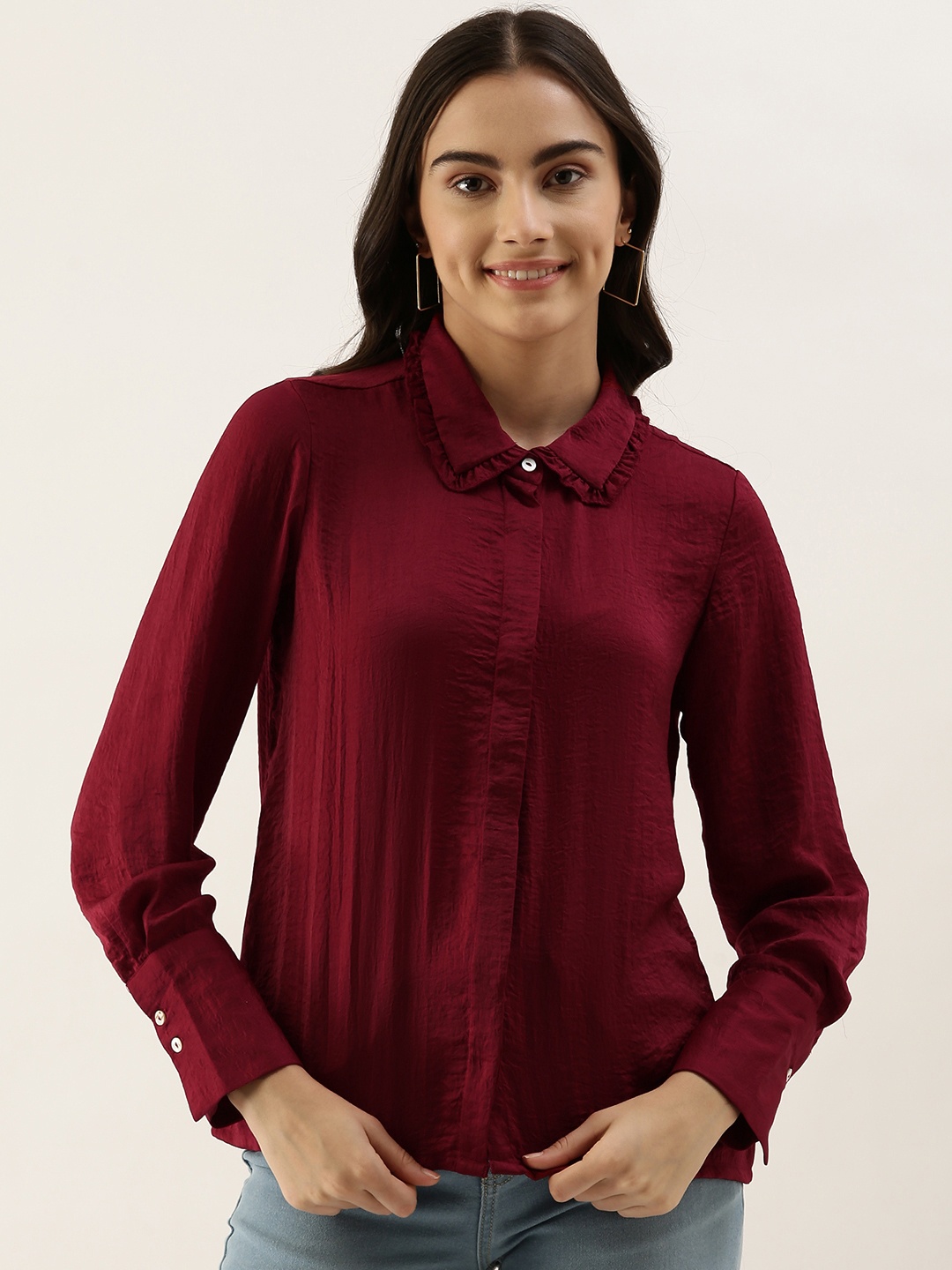 

AND Women Maroon Sheen Casual Shirt