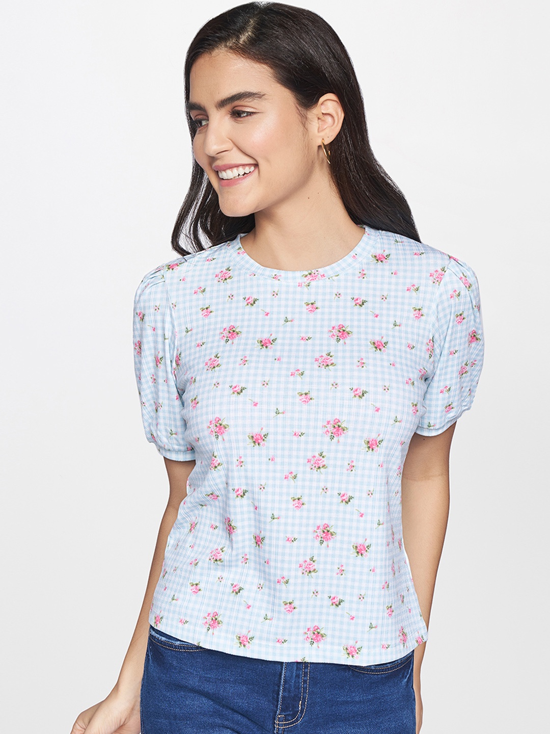 

AND Women Blue & Pink Floral Printed Round Neck Puff Sleeves Top