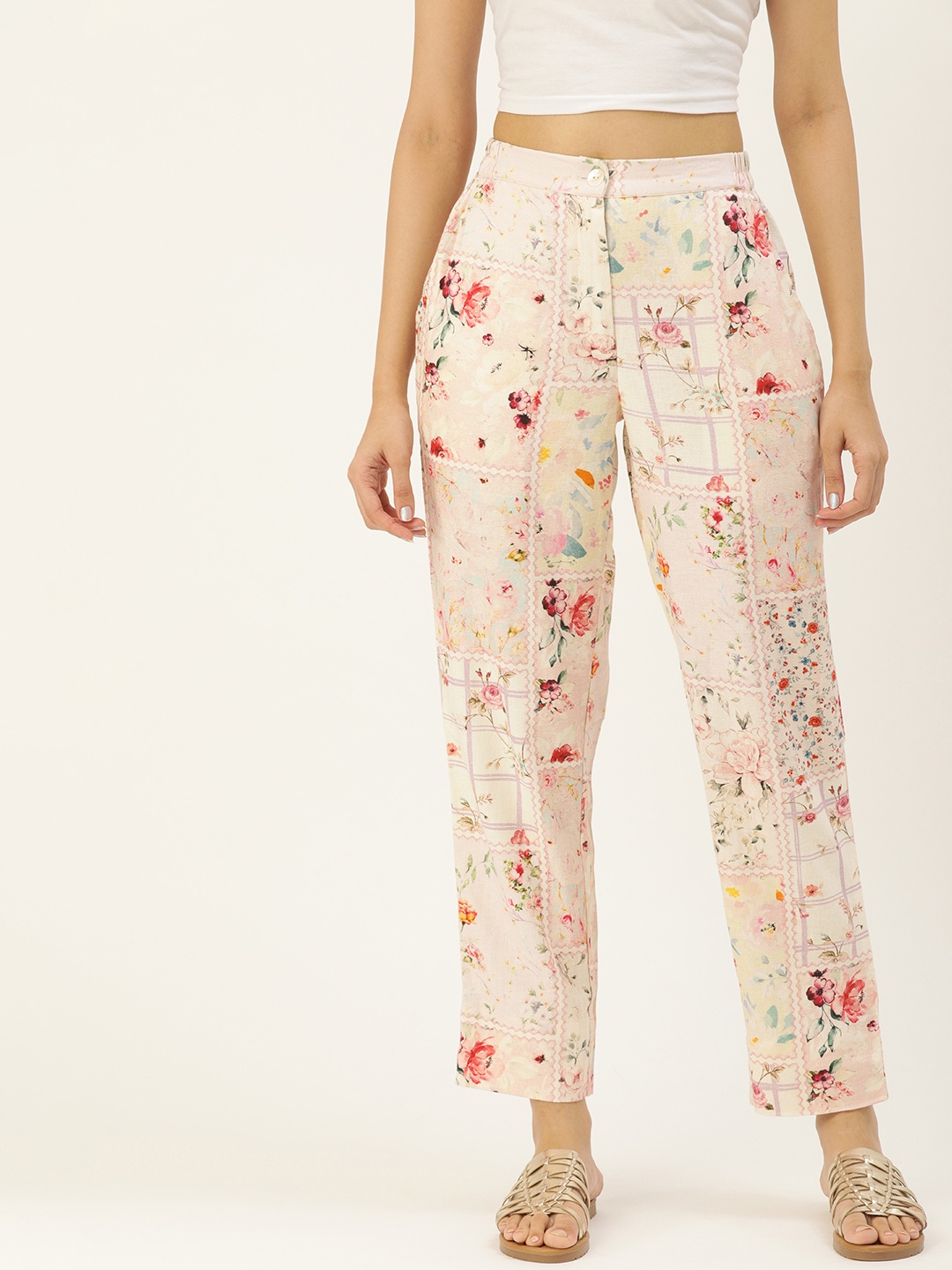 

AND Women Peach-Coloured Floral Printed Loose Fit Trousers