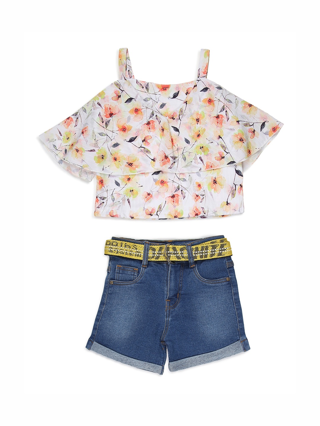 

Adiva Set Of 2 Girls Yellow & Blue Floral Printed Top & Shorts Set