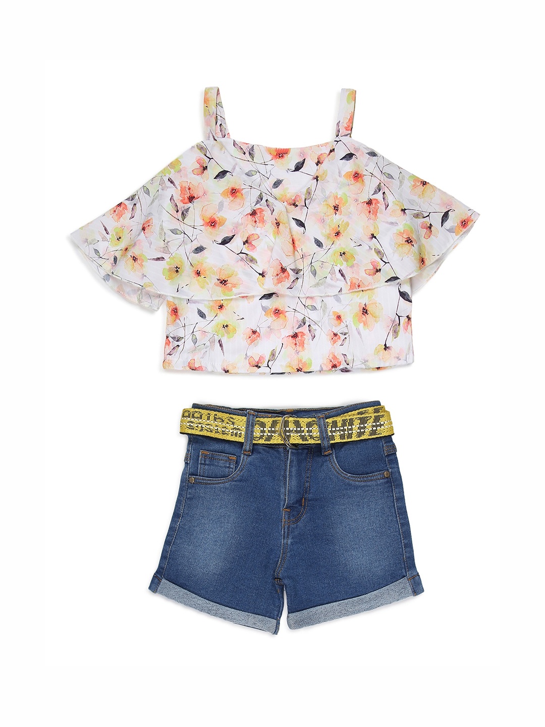 

ADIVA Girls Yellow & Blue Printed Top With Shorts