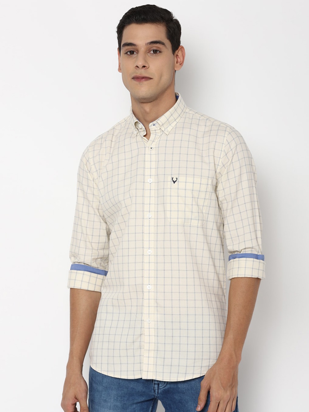 

Allen Solly Men Cream-Coloured Slim Fit Grid Tattersall Checks Checked Casual Shirt