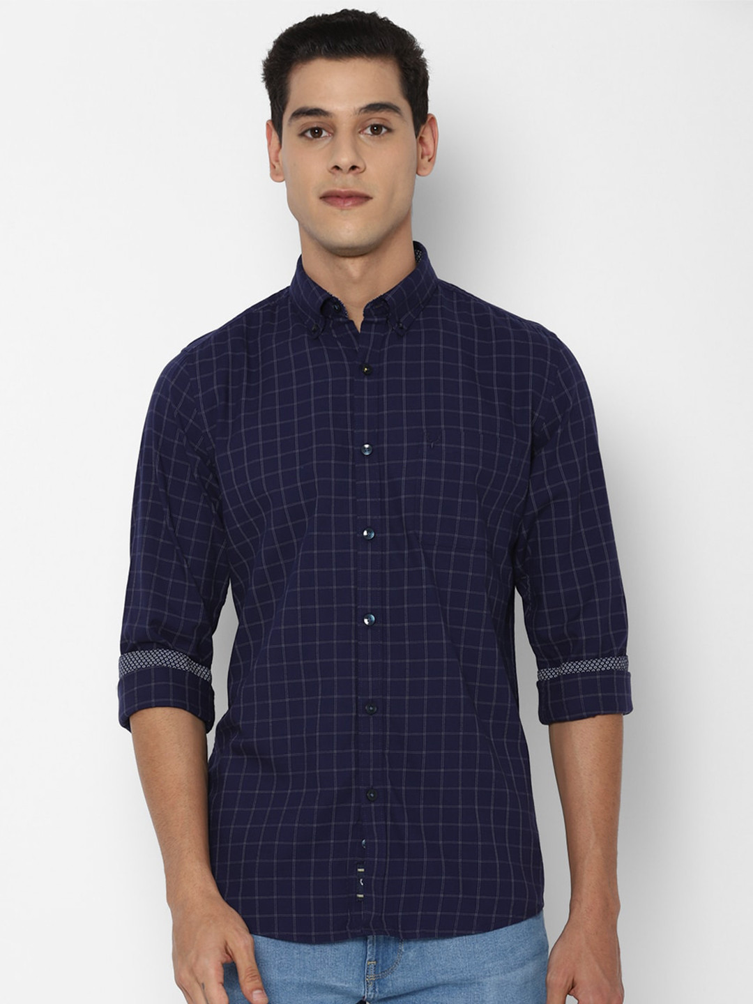 

Allen Solly Men Navy Blue Slim Fit Grid Tattersall Checks Pure Cotton Casual Shirt