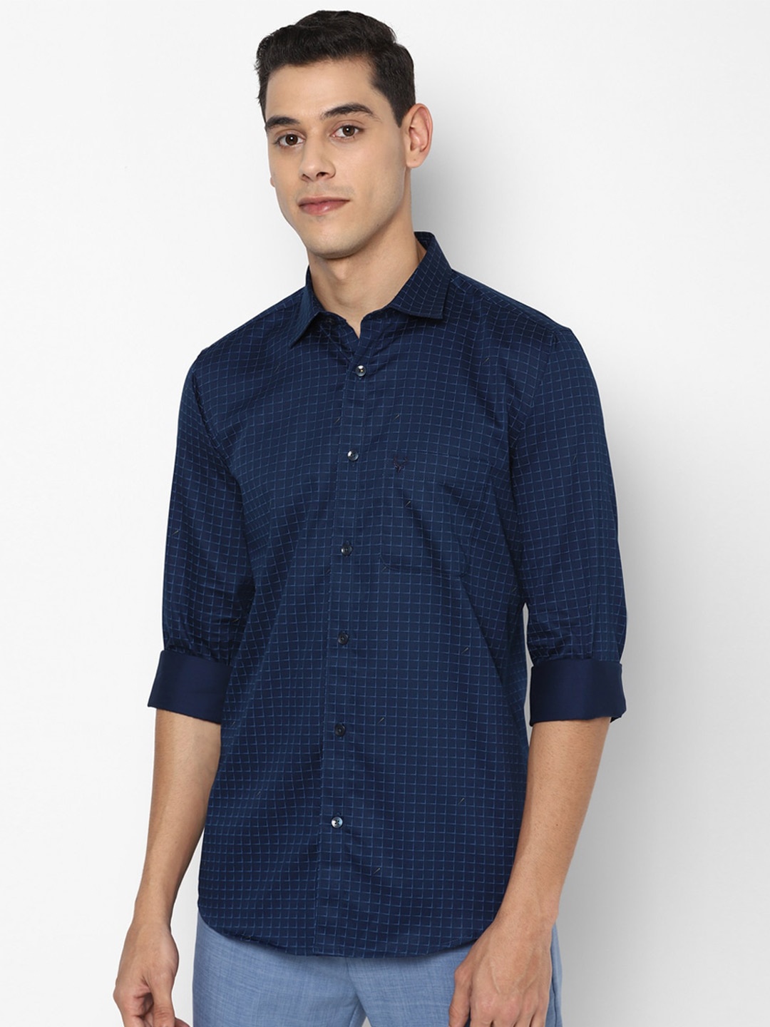 

Allen Solly Men Navy Blue Slim Fit Grid Tattersall Checks Checked Casual Shirt