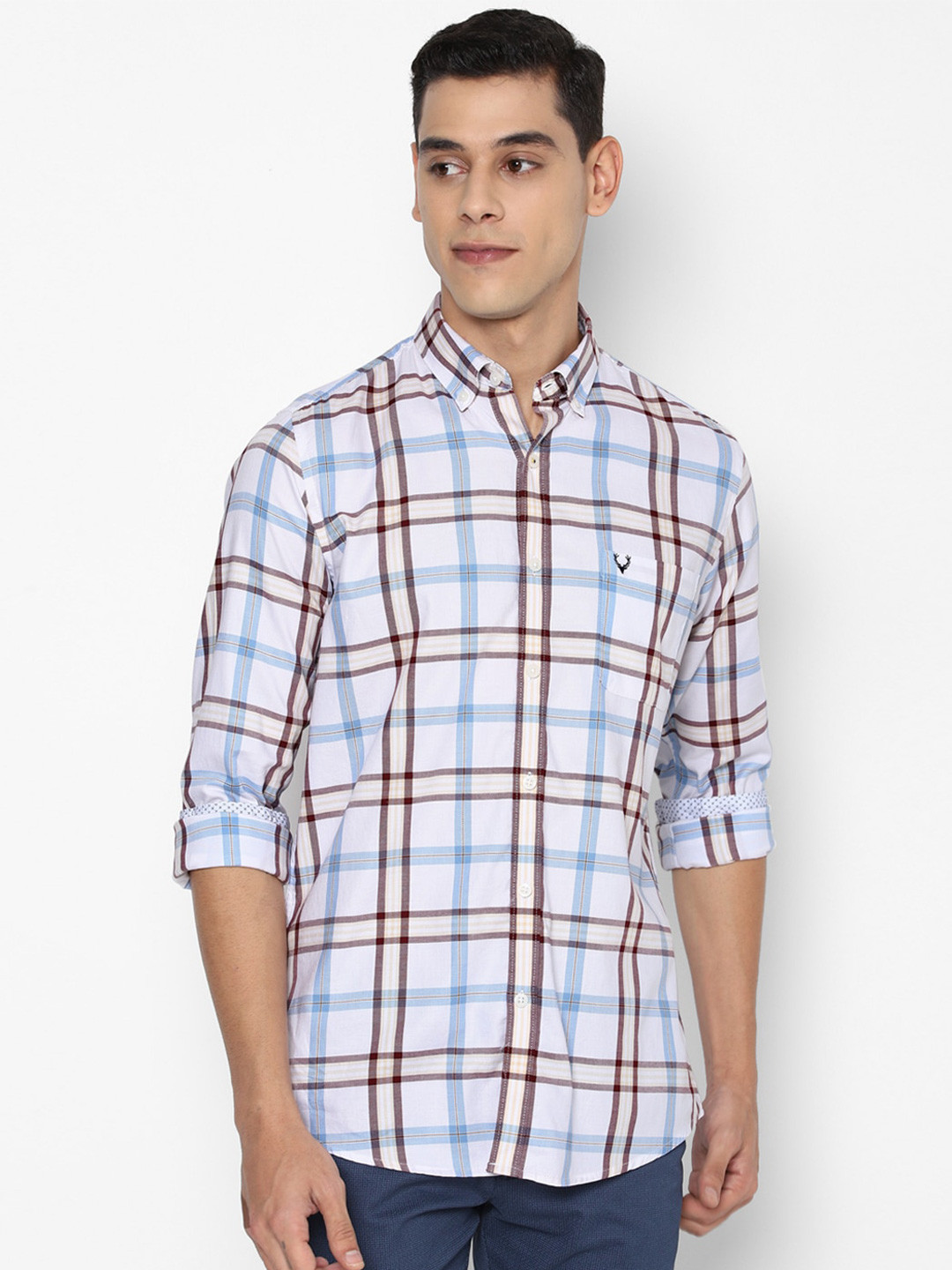 

Allen Solly Men White & Blue Slim Fit Checked Pure Cotton Casual Shirt