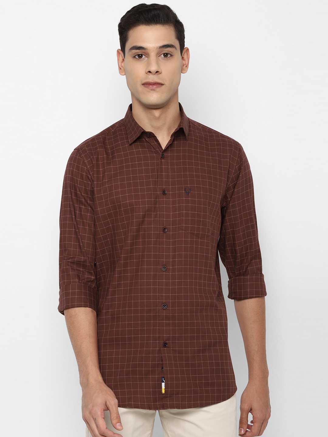 

Allen Solly Men Maroon Slim Fit Grid Tattersall Checks Pure Cotton Casual Shirt