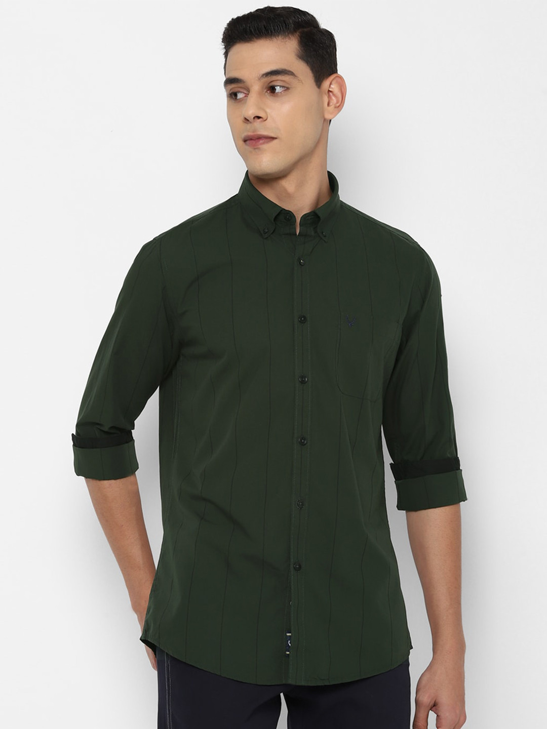 

Allen Solly Men Green Slim Fit Grid Tattersall Checks Striped Pure Cotton Casual Shirt