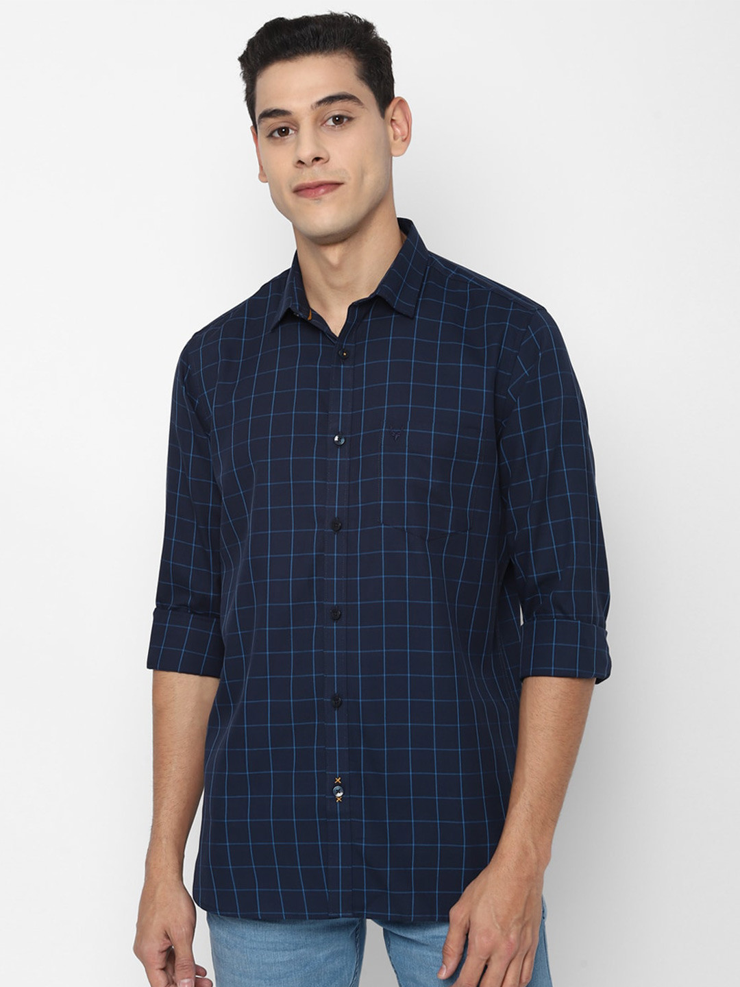 

Allen Solly Men Navy Blue Slim Fit Checked Pure Cotton Casual Shirt