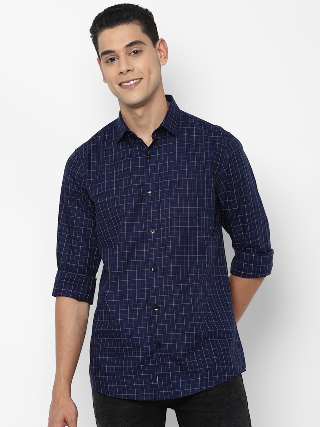 

Allen Solly Men Navy Blue Slim Fit Grid Tattersall Checks Pure Cotton Casual Shirt