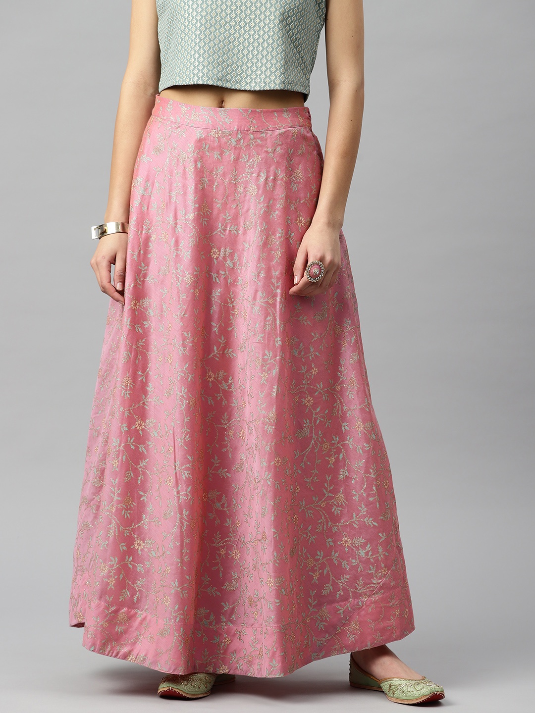 

Global Desi Women Woven Design Flared Maxi Skirt, Pink