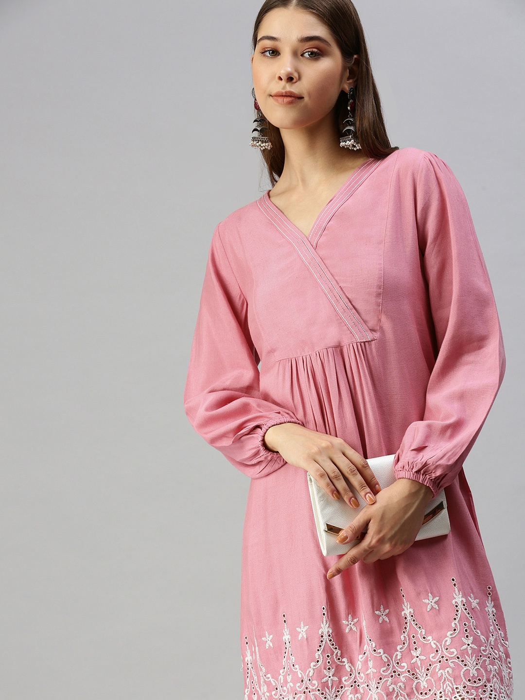 Global Desi Purple & White Floral Schifli V Neck A-Line Dress