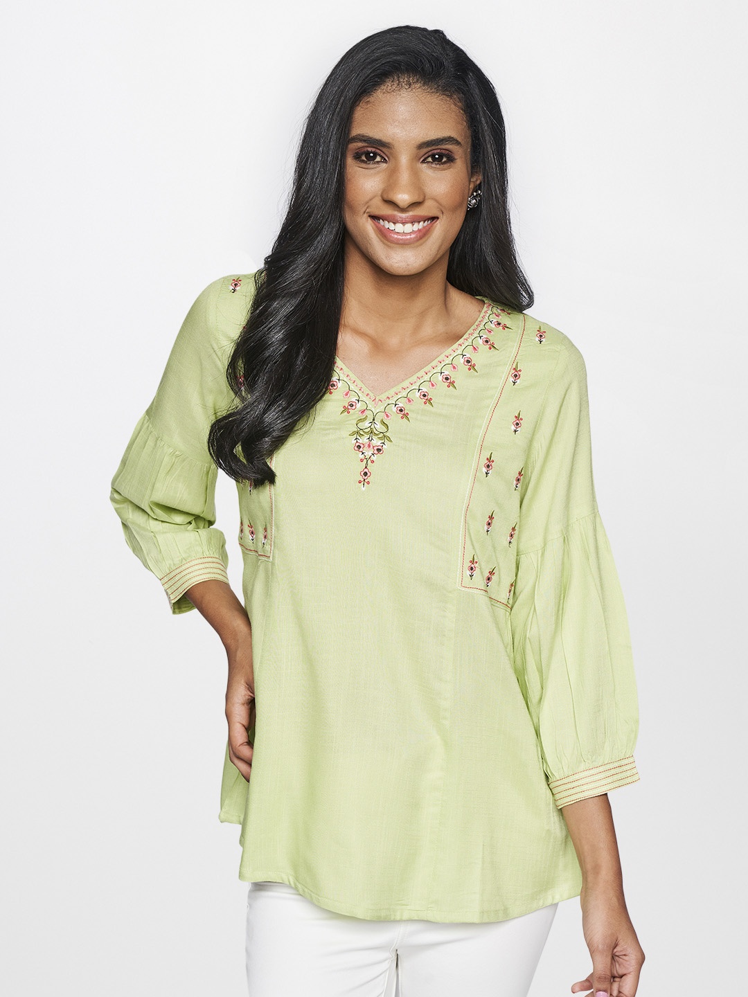 

Global Desi Women Green & Pink Floral EmbroideredV Neck Top