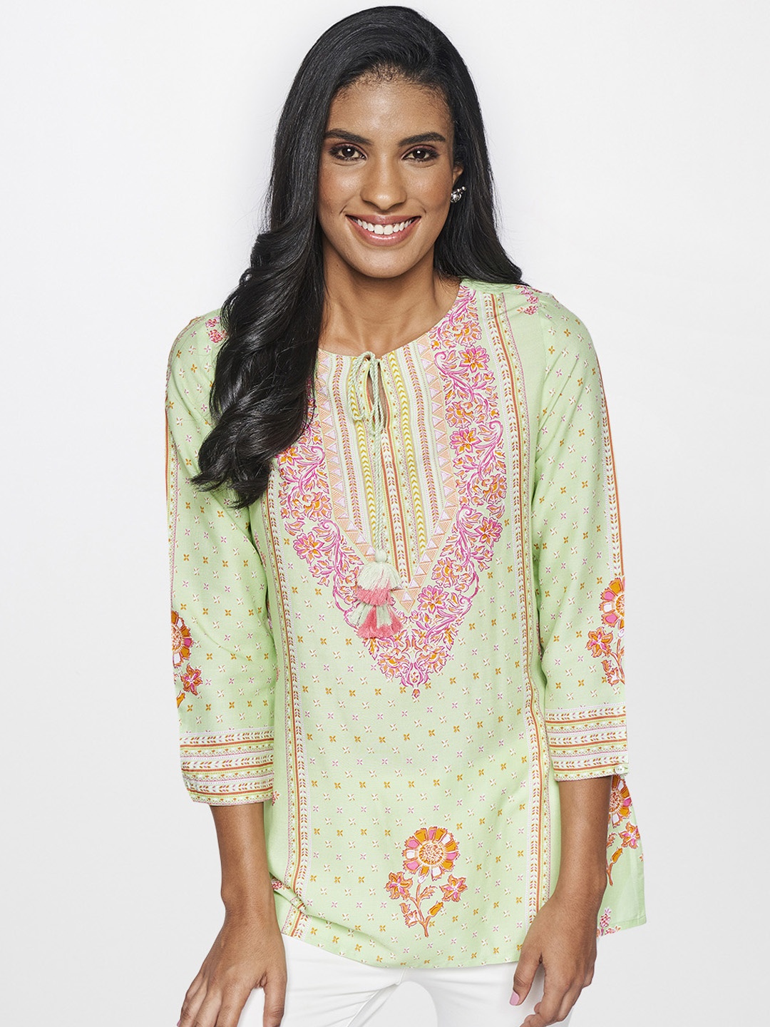 

Global Desi Women Green & Pink Floral Printed Tie-Up Neck Top