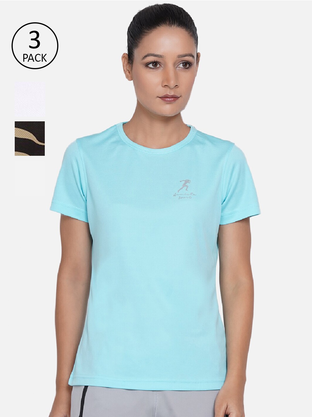 

ARMISTO Women Turquoise Blue & White 3 Dri-FIT Slim Fit Training or Gym T-shirt