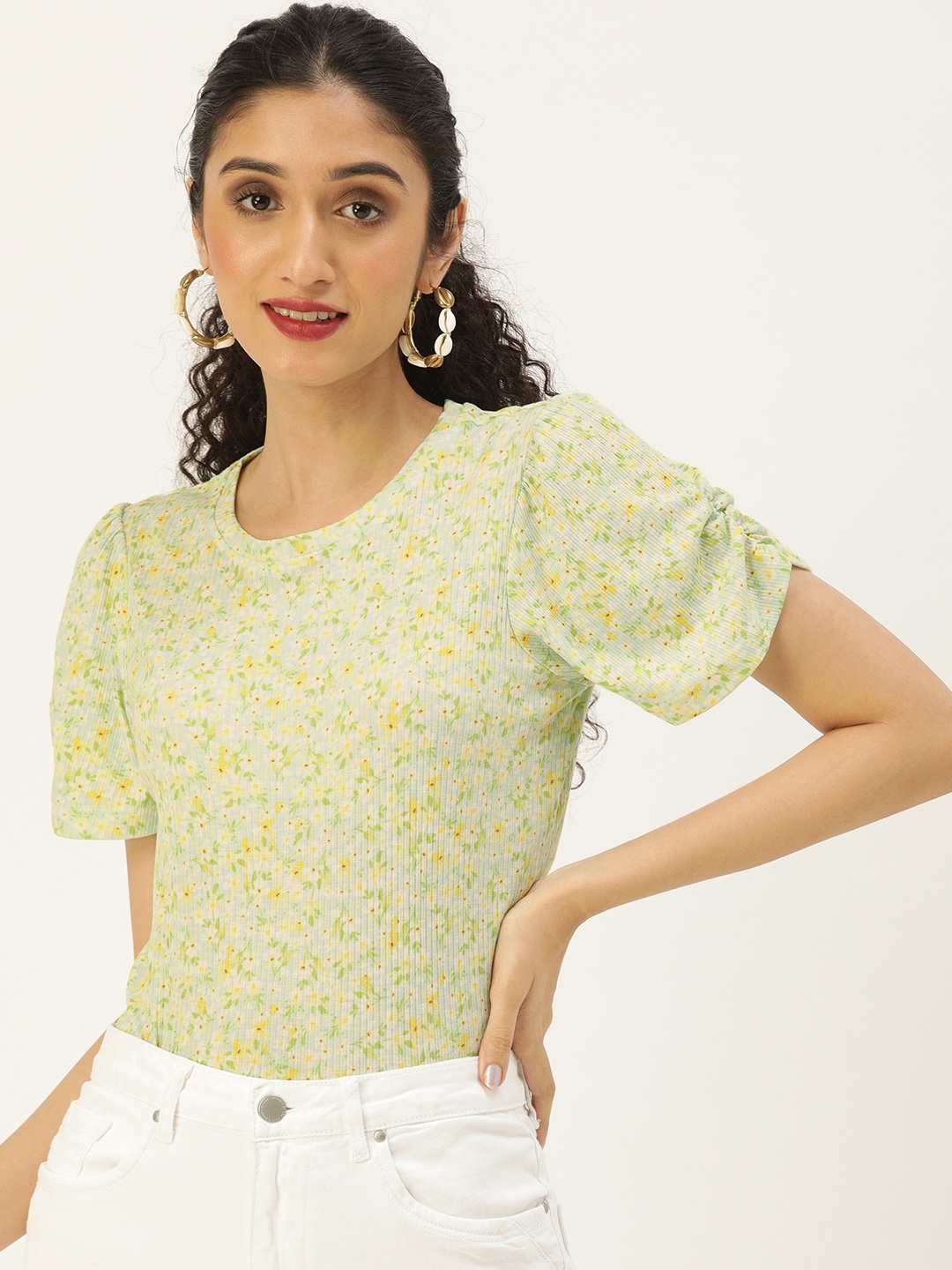 

AND Women Green & Yellow Ribbed Floral Printed Puff Sleeves Top