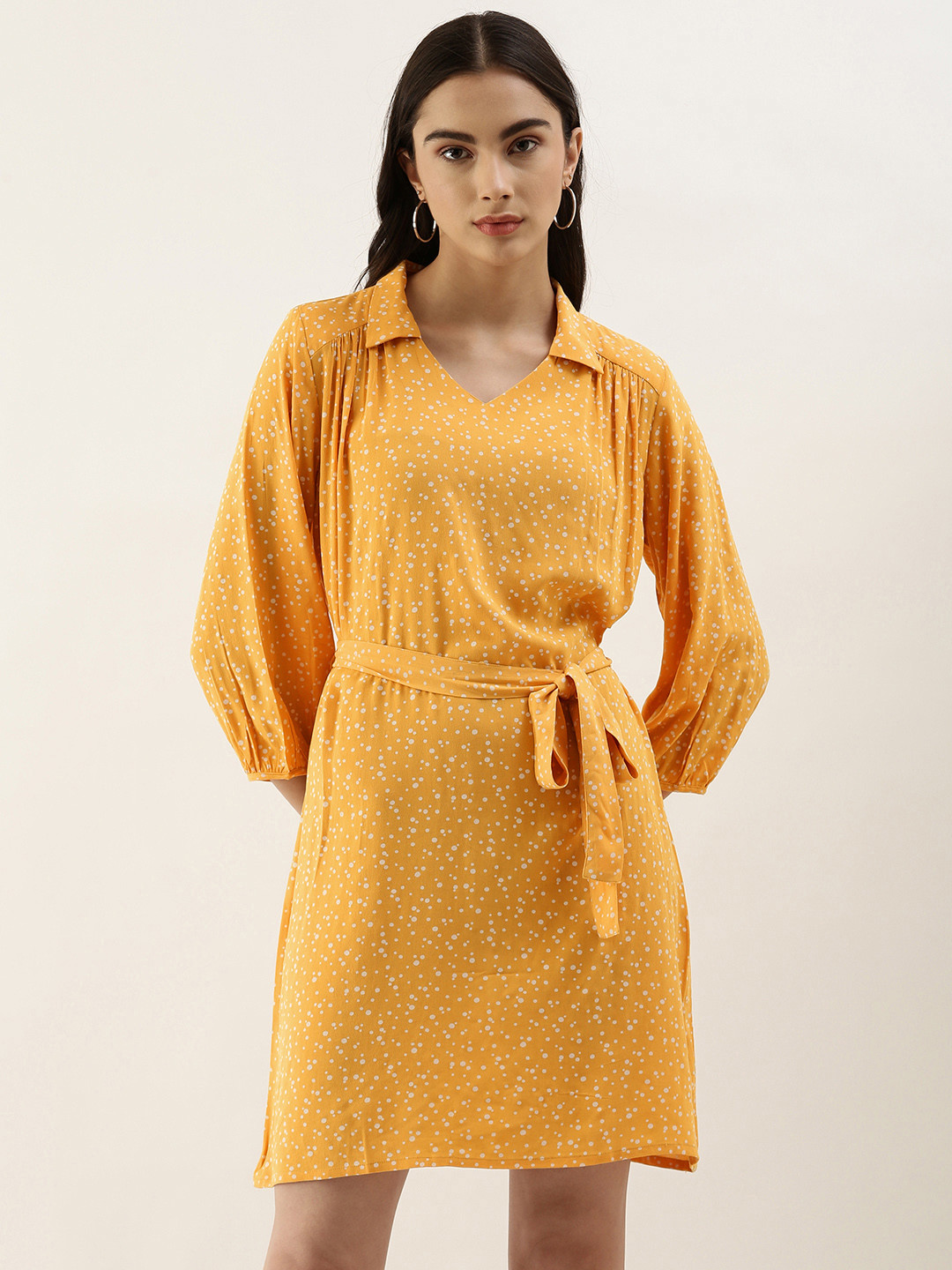 

AND Yellow & White Polka Dot Printed Casual Wrap Dress