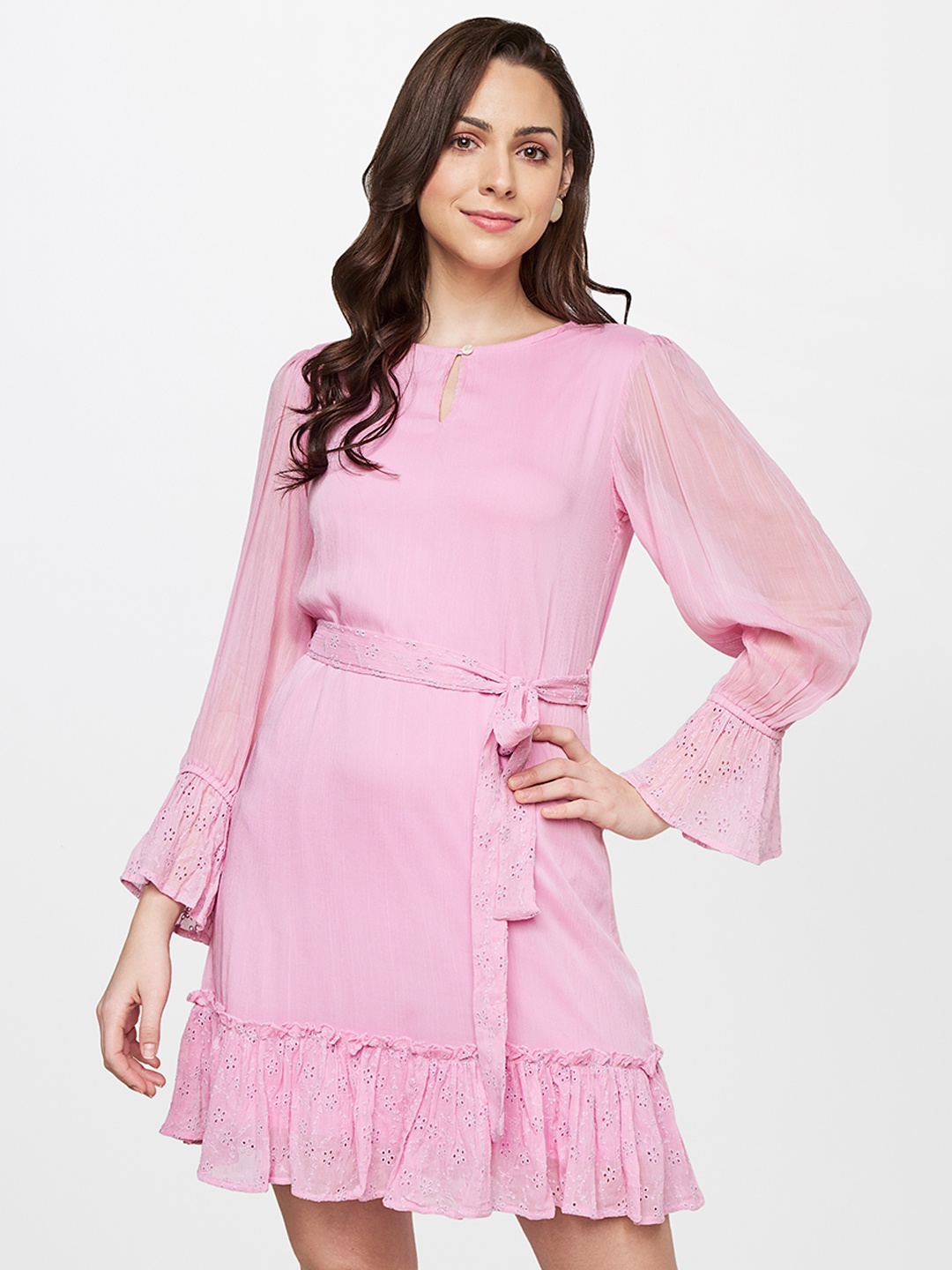 

AND Keyhole Neck Bell Sleeve Ruffled A-Line Dress with Belt, Pink