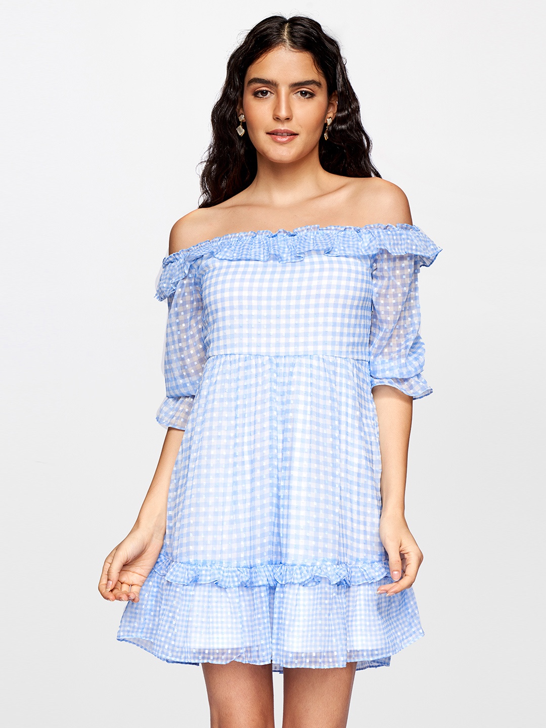 

AND Women Blue & White Checked Off-Shoulder Tiered Dress