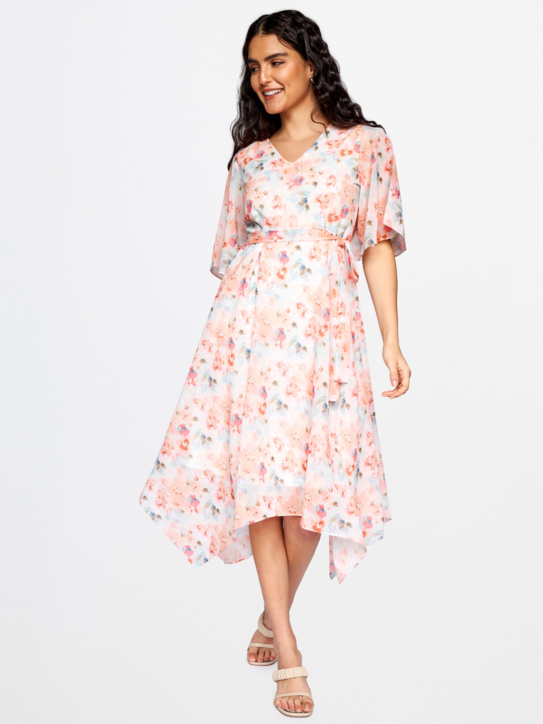 

AND Women Peach & Blue Floral Printed V-Neck A-Line Dress With A Belt