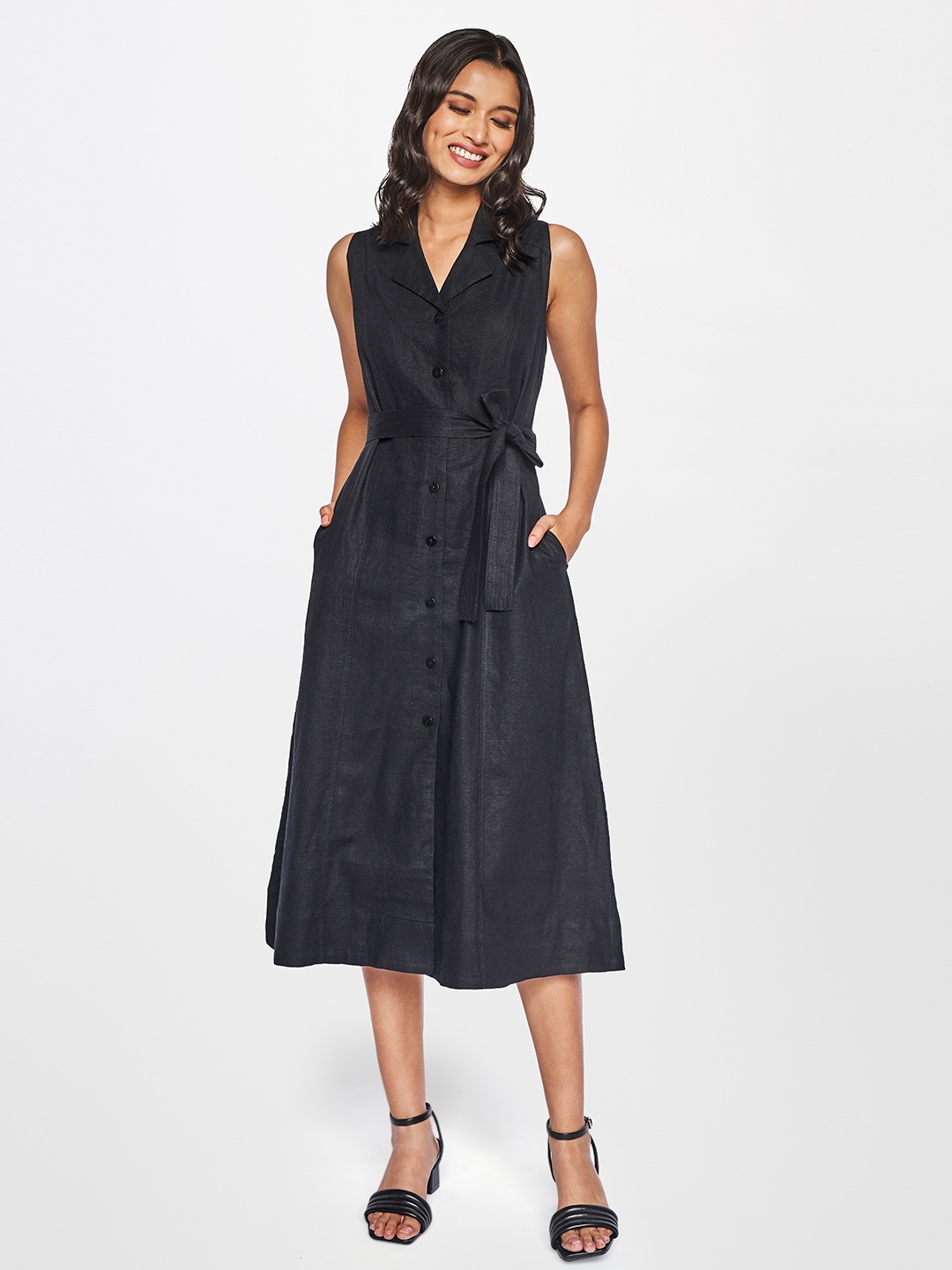 

AND Black Linen Midi Fit and Flare Dress